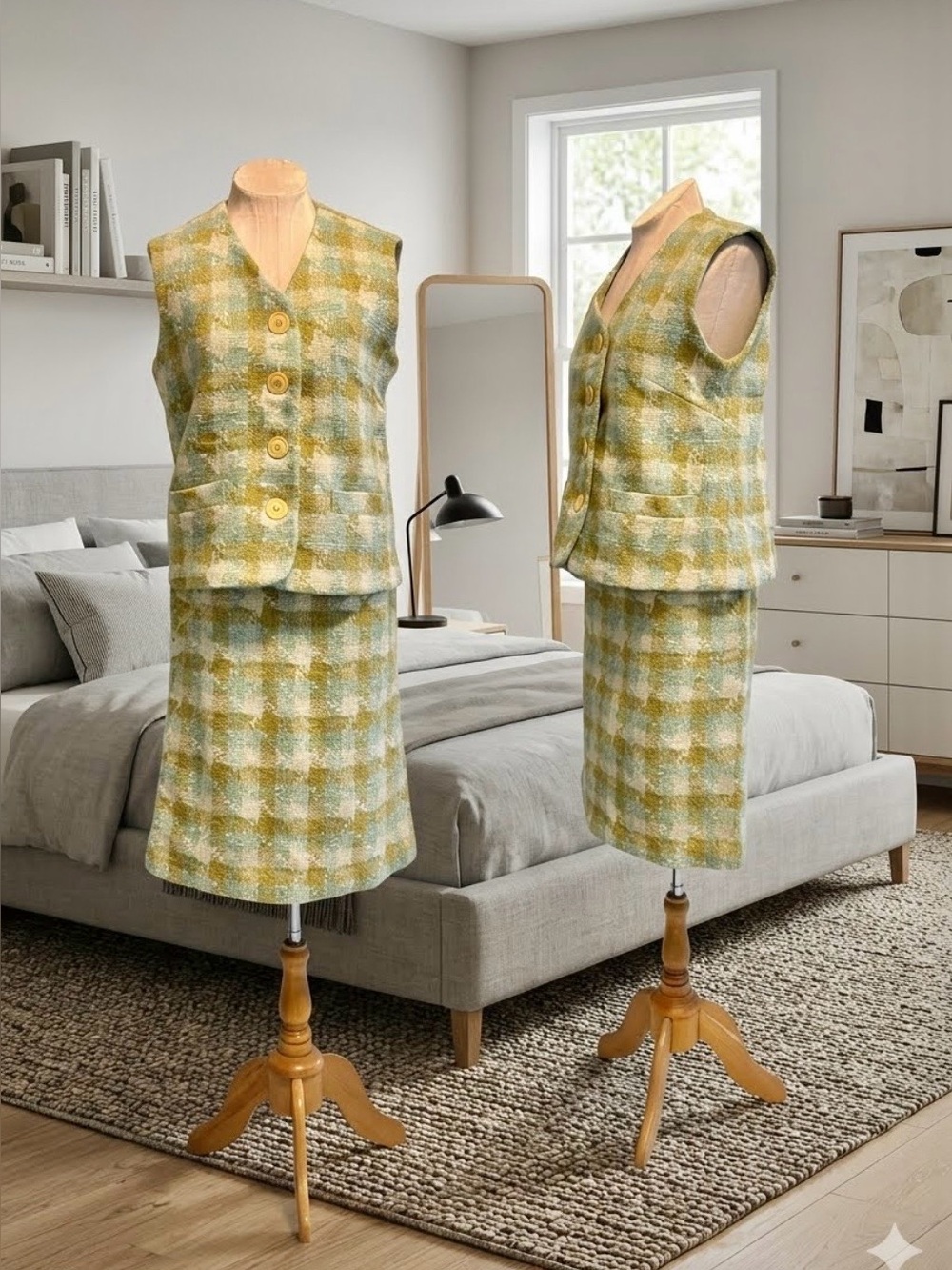 Vintage Handmade Two-Piece Tweed Skirt Suit in Sage and Cream Plaid